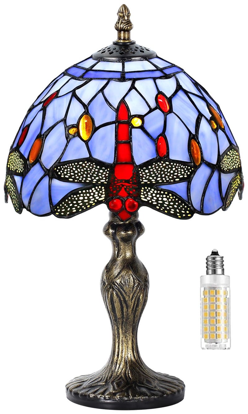 MIAOKE Stained Glass Table LampStained Glass Crystal Bead Style Table Light Handmade Desk Bedside Night Light Antique Art Craft Gifts Lover Living Room Bedroom BookcaseBlue Dragonfly - Image 2