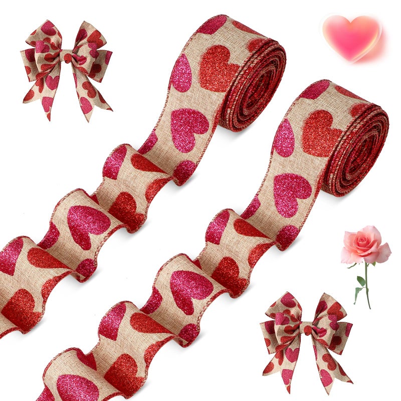 Cindeer 2 Roll 20 Yards Glitter Hearts Wired Edge Burlap Valentine Ribbon Valentine's Day Wired Ribbon for DIY Gift Wrapping Wreath Crafts Decoration(1.5 in,Natural, Red, Pink) - Image 1