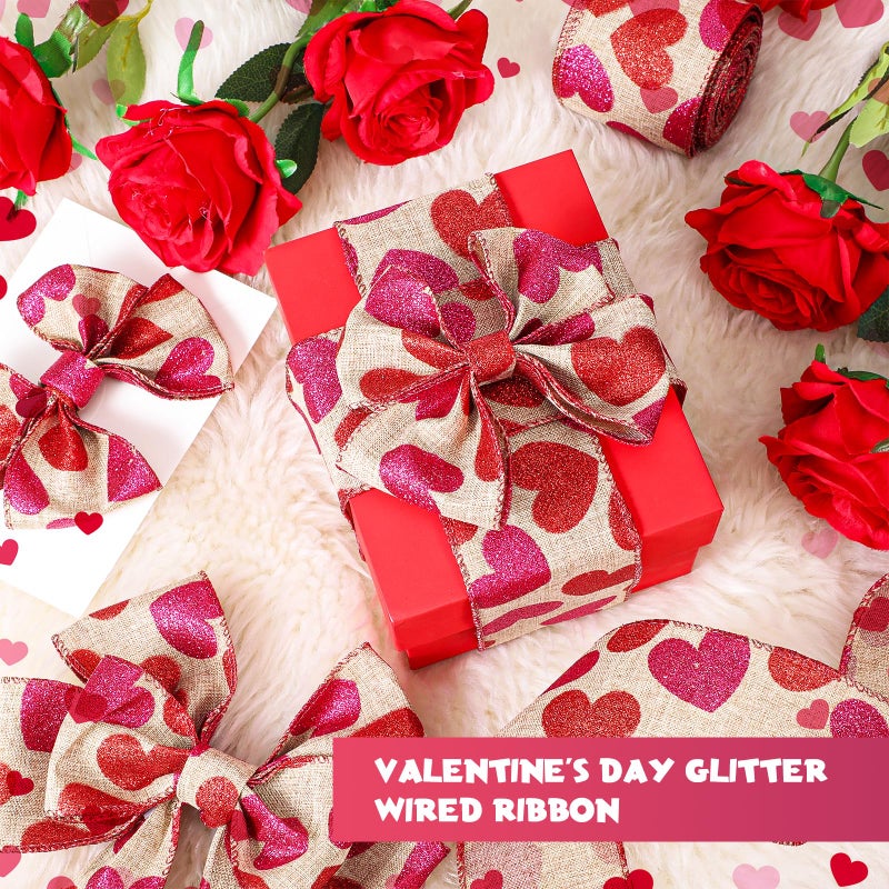 Cindeer 2 Roll 20 Yards Glitter Hearts Wired Edge Burlap Valentine Ribbon Valentine's Day Wired Ribbon for DIY Gift Wrapping Wreath Crafts Decoration(1.5 in,Natural, Red, Pink) - Image 4