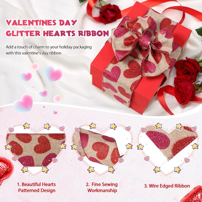 Cindeer 2 Roll 20 Yards Glitter Hearts Wired Edge Burlap Valentine Ribbon Valentine's Day Wired Ribbon for DIY Gift Wrapping Wreath Crafts Decoration(1.5 in,Natural, Red, Pink) - Image 3