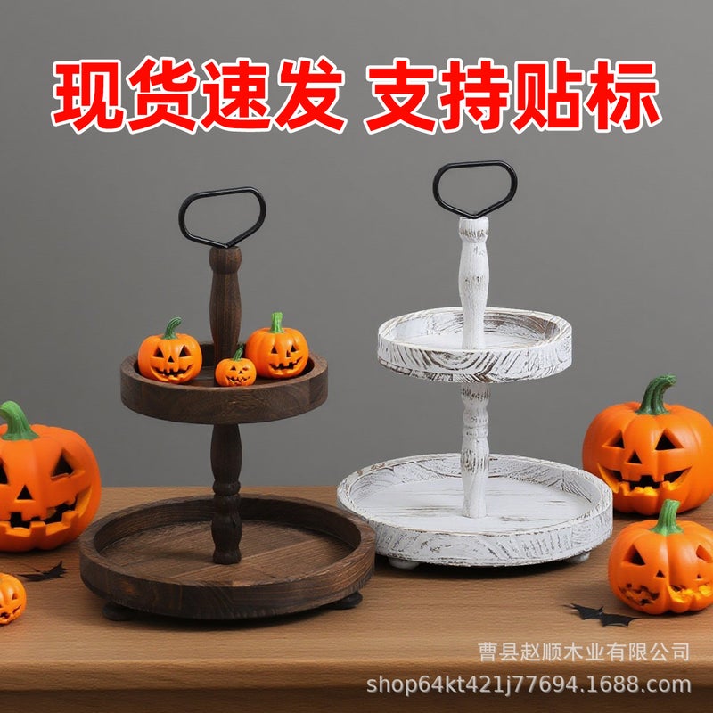 Farmhouse Layered Tray Holiday Decorative Handle Cupcake Rack Rustic Round Wooden Double-Layer Tray - Image 2