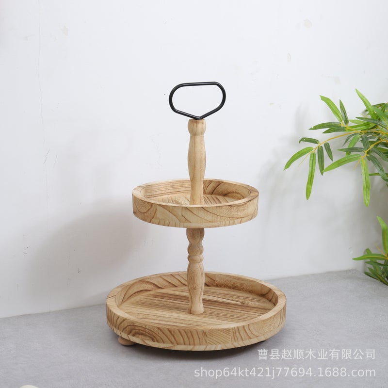 Farmhouse Layered Tray Holiday Decorative Handle Cupcake Rack Rustic Round Wooden Double-Layer Tray - Image 1