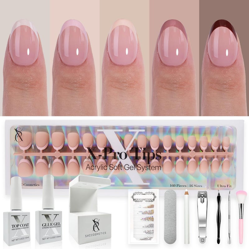SXC Cosmetics French Tip Press On Nails - Skin Tone Nude and Color Series, XS Almond X-Pro Tips Starter Kit ST118KIT - Image 1