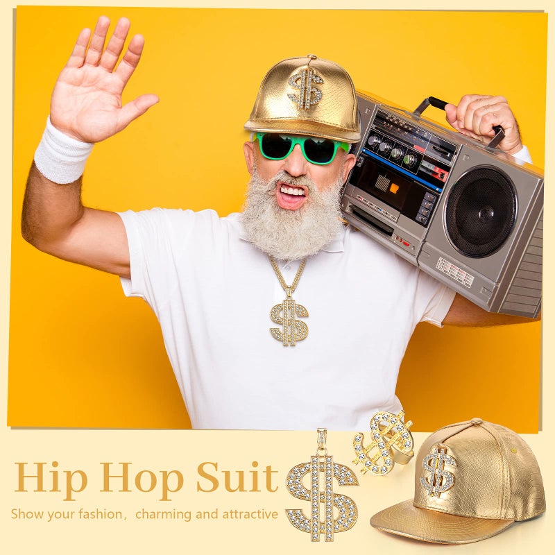 MTLEE 3 Pcs 80s 90s Hip Hop Costume Kit Halloween Rapper Outfits Accessories Dollar Sign Necklace Dollar Ring Hat for Men Halloween Party Cosplay(Gold) - Image 5
