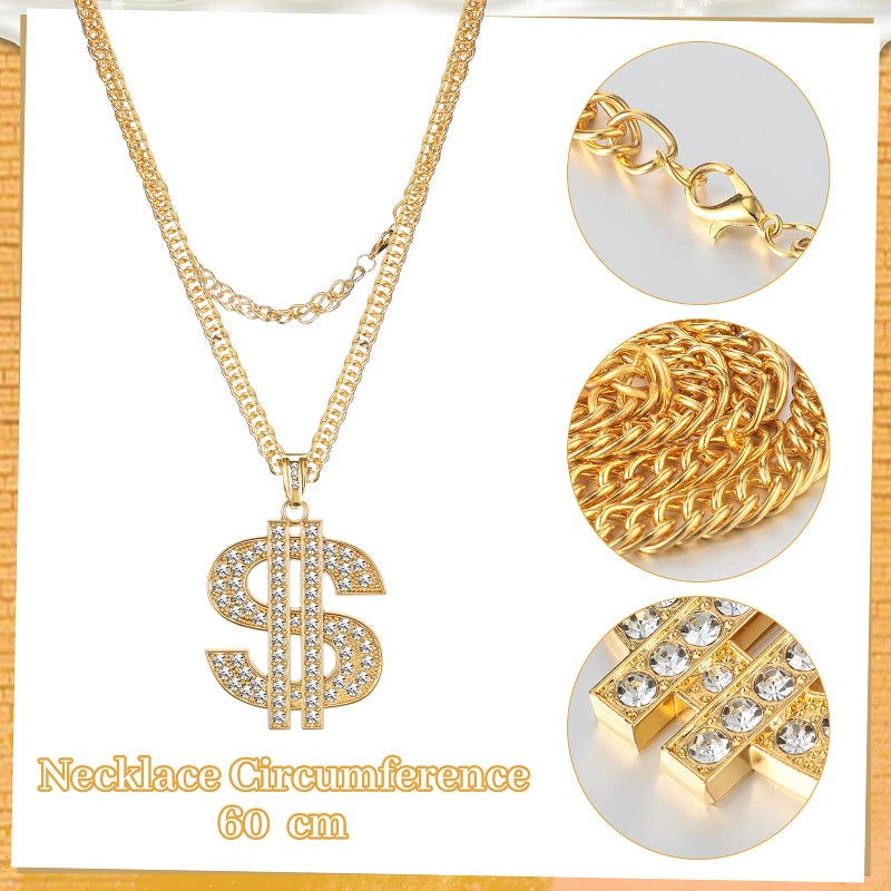 MTLEE 3 Pcs 80s 90s Hip Hop Costume Kit Halloween Rapper Outfits Accessories Dollar Sign Necklace Dollar Ring Hat for Men Halloween Party Cosplay(Gold) - Image 3
