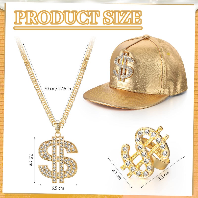 MTLEE 3 Pcs 80s 90s Hip Hop Costume Kit Halloween Rapper Outfits Accessories Dollar Sign Necklace Dollar Ring Hat for Men Halloween Party Cosplay(Gold) - Image 2