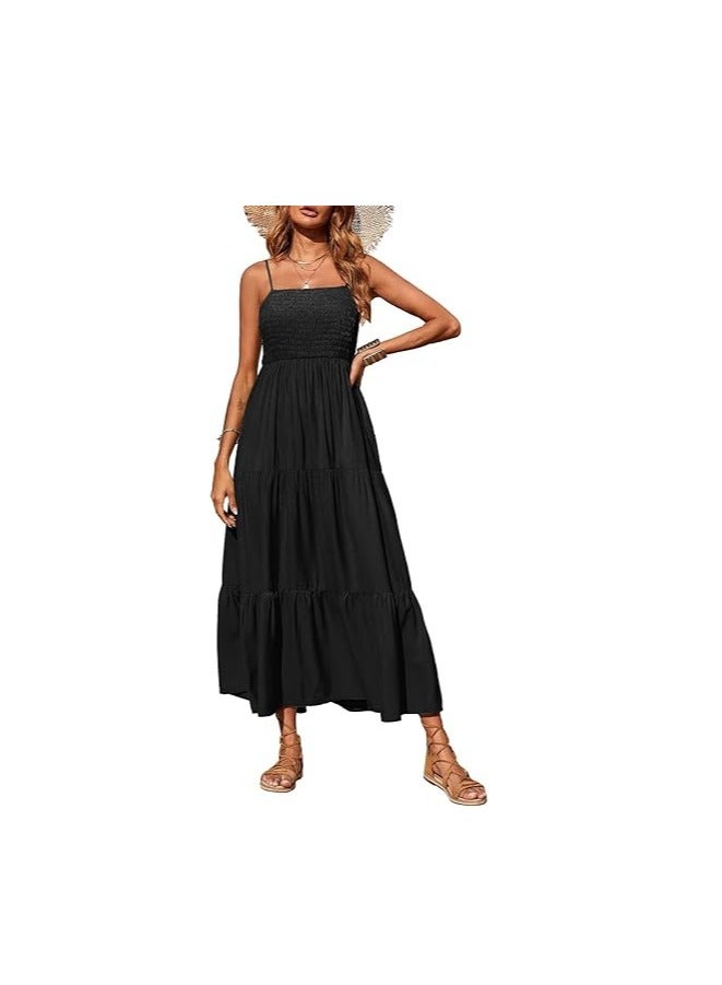 Women's Summer Maxi Dress Casual Boho Sleeveless Spaghetti Strap Smocked Tiered Long Beach Sun Dresses  - Image 1