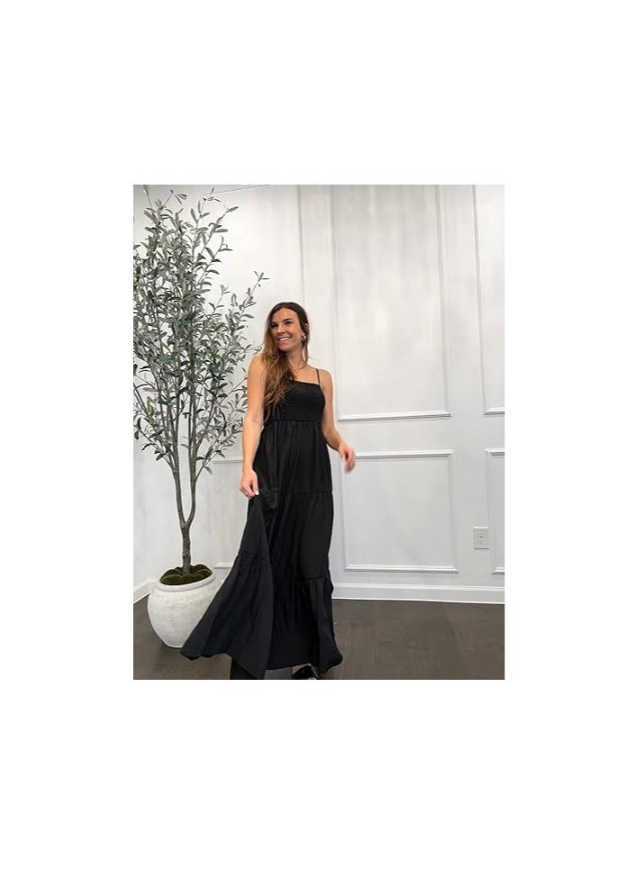 Women's Summer Maxi Dress Casual Boho Sleeveless Spaghetti Strap Smocked Tiered Long Beach Sun Dresses  - Image 3
