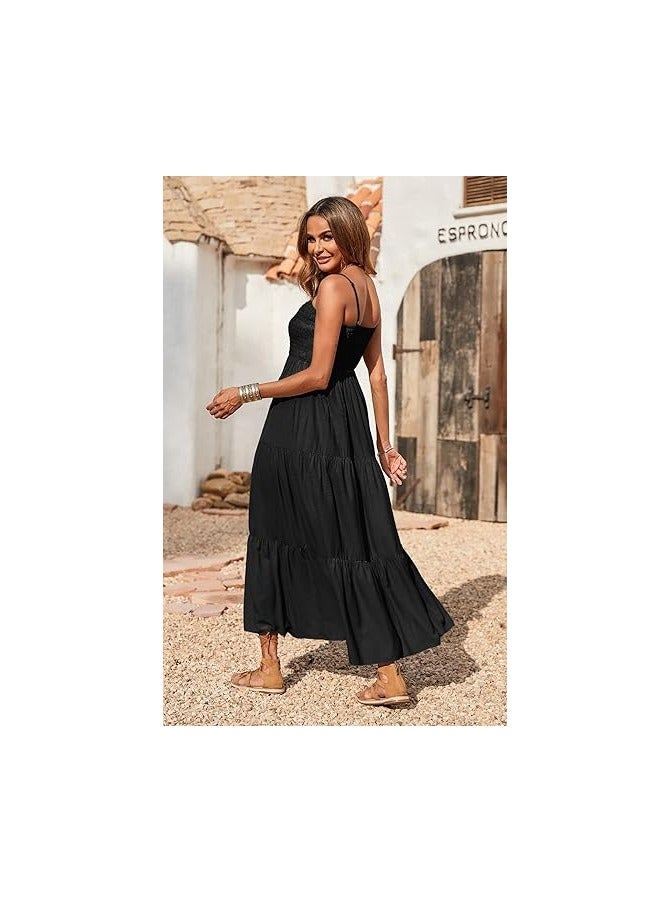 Women's Summer Maxi Dress Casual Boho Sleeveless Spaghetti Strap Smocked Tiered Long Beach Sun Dresses  - Image 4