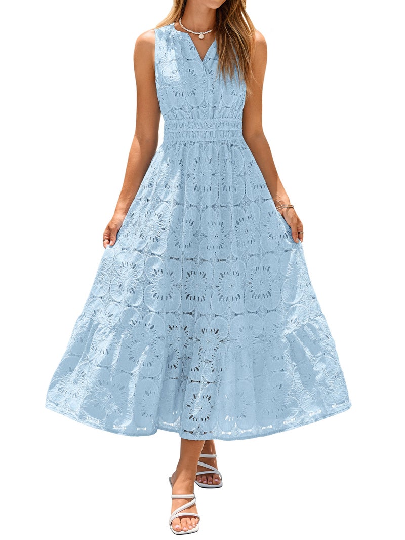Simplee Women Summer Lace Eyelet Maxi Dress 2026 Sleeveless Casual V Neck A Line Boho Flowy Beach Wedding Guest Long Dresses Blue L - Image 1