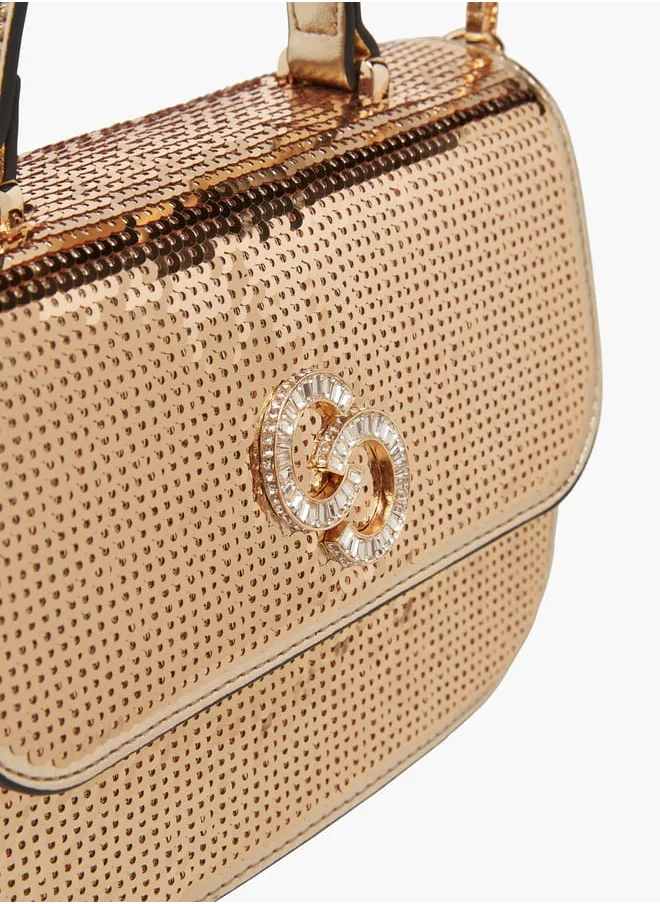 Celeste Women Embellished Satchel Bag with Button Closure and Chain Strap