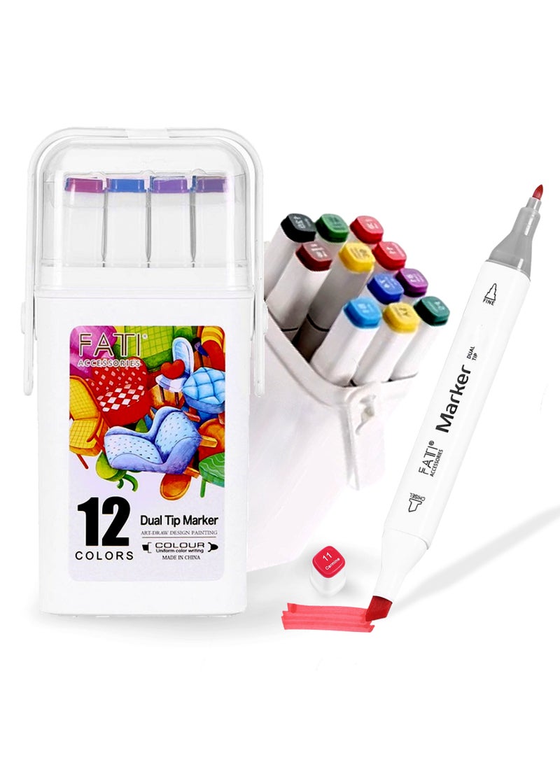 FATI ACCESSORIES FATI Double Tipped Marker Pens Permanent Art Highlighter Pen Sketch Markers for Drawing Coloring Painting Card Making Underlining (12)  - Image 1