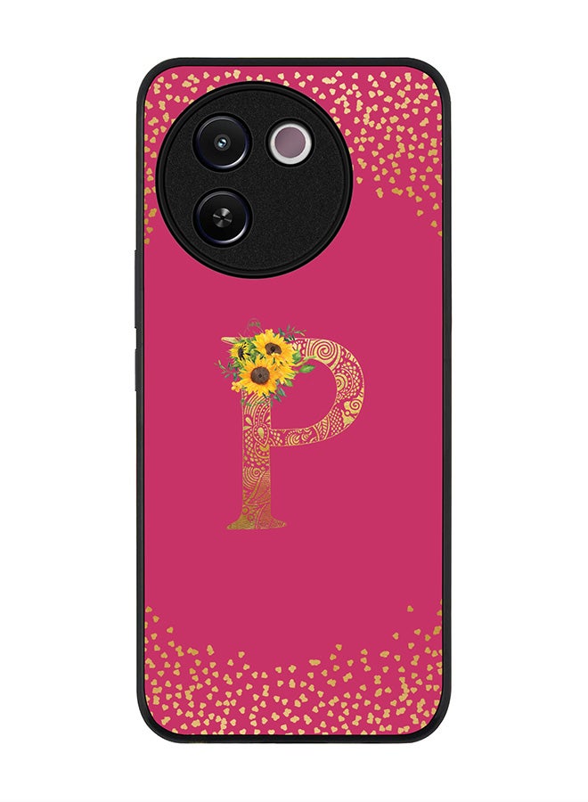 Stylizedd Rugged Black edge case for Vivo V30e, Slim fit Case Flexible Cover - Custom Monogram Initial Letter Floral Pattern Alphabet - P ( Deep Pink Rose ) - Image 1