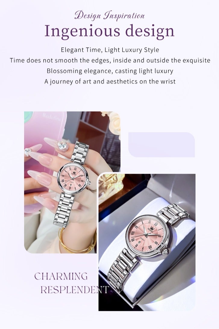 ساعة كوارتز نسائية بتصميم فاخر أنيق، مرصعة بالكريستال، بسوار من الفولاذ المقاوم للصدأ، مقاومة للماء مع وظيفة التقويم - view 2