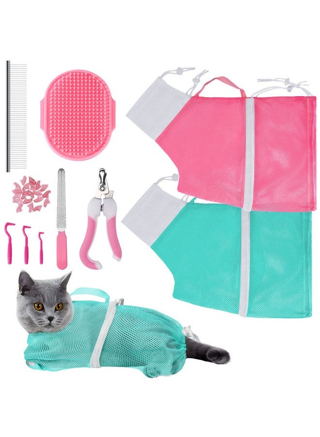 JULMELON Cat Washing Bag 10 PCS Set, Adjustable Cat Shower Net Bag and Pet Grooming Brush with Nail Clipper Nail File Hair Combs Tick Tool Nail Caps for Bathing Nail Trimming Examination(Pink+Green) - Image 1
