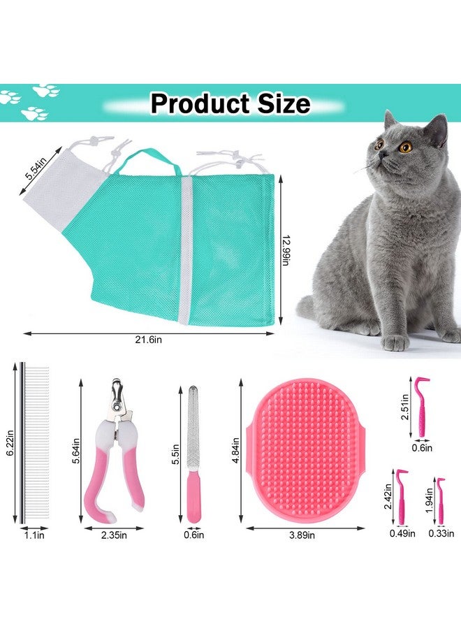 JULMELON Cat Washing Bag 10 PCS Set, Adjustable Cat Shower Net Bag and Pet Grooming Brush with Nail Clipper Nail File Hair Combs Tick Tool Nail Caps for Bathing Nail Trimming Examination(Pink+Green) - Image 2