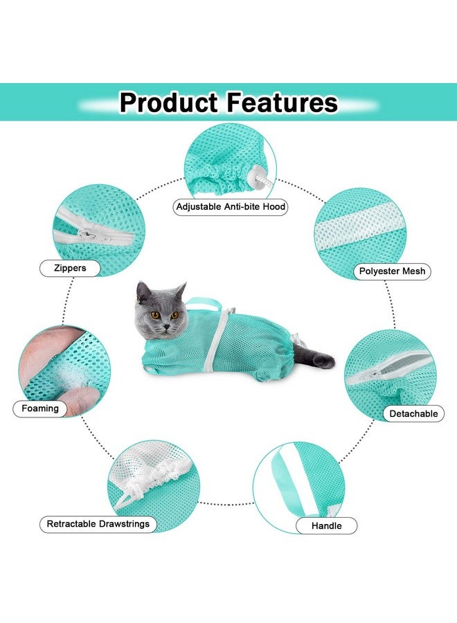 JULMELON Cat Washing Bag 10 PCS Set, Adjustable Cat Shower Net Bag and Pet Grooming Brush with Nail Clipper Nail File Hair Combs Tick Tool Nail Caps for Bathing Nail Trimming Examination(Pink+Green) - Image 3