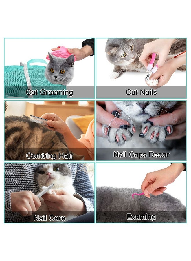 JULMELON Cat Washing Bag 10 PCS Set, Adjustable Cat Shower Net Bag and Pet Grooming Brush with Nail Clipper Nail File Hair Combs Tick Tool Nail Caps for Bathing Nail Trimming Examination(Pink+Green) - Image 4