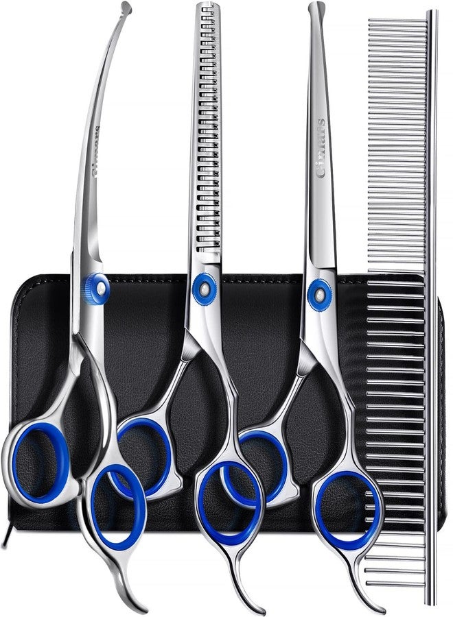 Gimars Professional 5 in 1 Grooming Scissors for Dogs 4CR with Safety Round Tip, Heavy Duty Titanium Coated Straight & Thinning & Curved Shears - Image 1