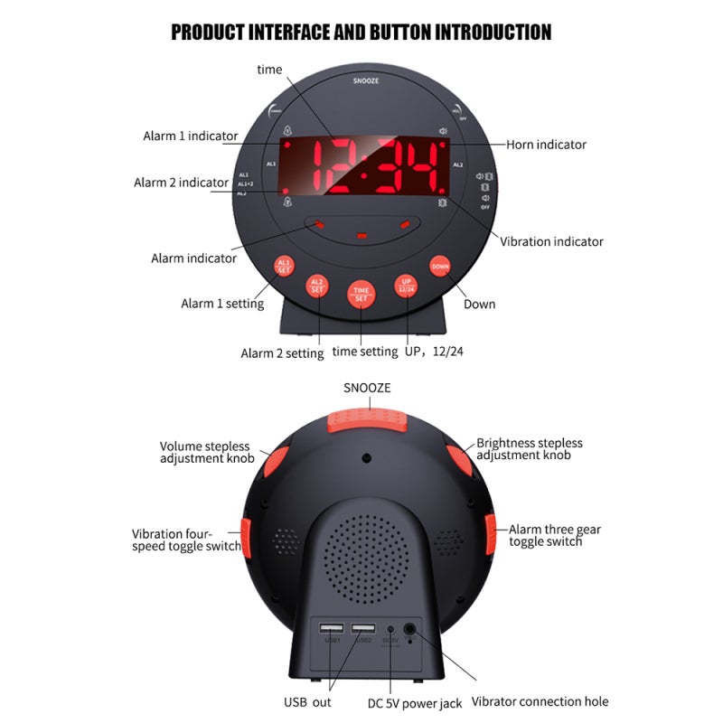 Loud Alarm Clock with Bed Shaker Vibrating Alarm Clock with Flash Light Brightness Adjustable Snooze Dual Alarm Setting USB Charger Port LED Digital Display for Heavy Sleepers Adults Kids Teenager - Image 5