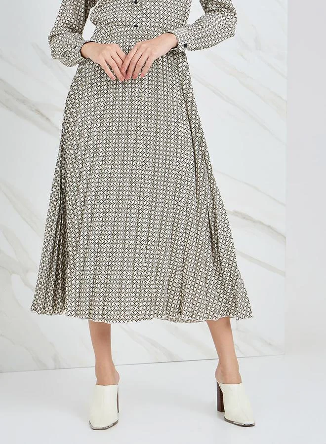 Styli Geo Print Regular Shirt & Pleated Skirt Co-Ords
