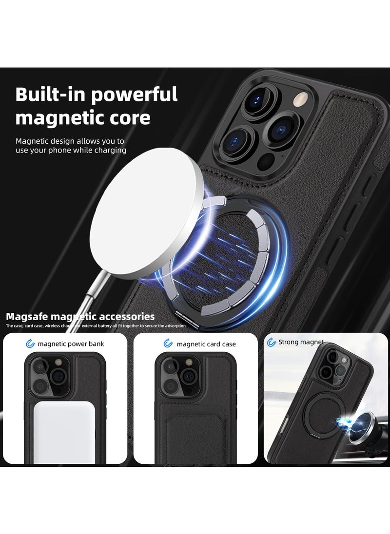 ICARLUS For iPhone 16 Pro PU Leather+PC+TPU Phone Cover Ring Kickstand Magnetic Phone Case - Black  - Image 5