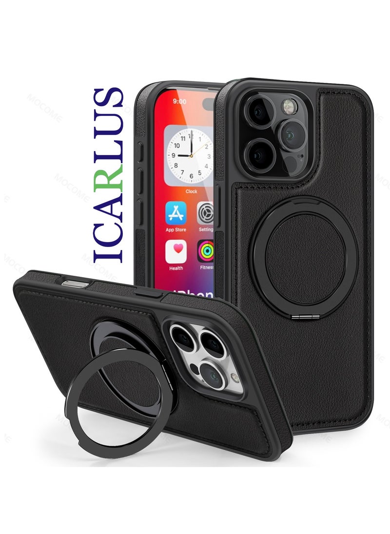 ICARLUS For iPhone 16 Pro PU Leather+PC+TPU Phone Cover Ring Kickstand Magnetic Phone Case - Black  - Image 1
