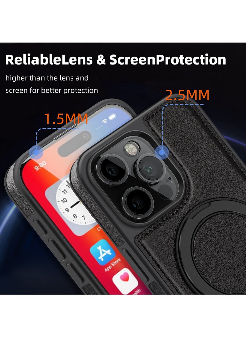 ICARLUS For iPhone 16 Pro PU Leather+PC+TPU Phone Cover Ring Kickstand Magnetic Phone Case - Black  - Image 4