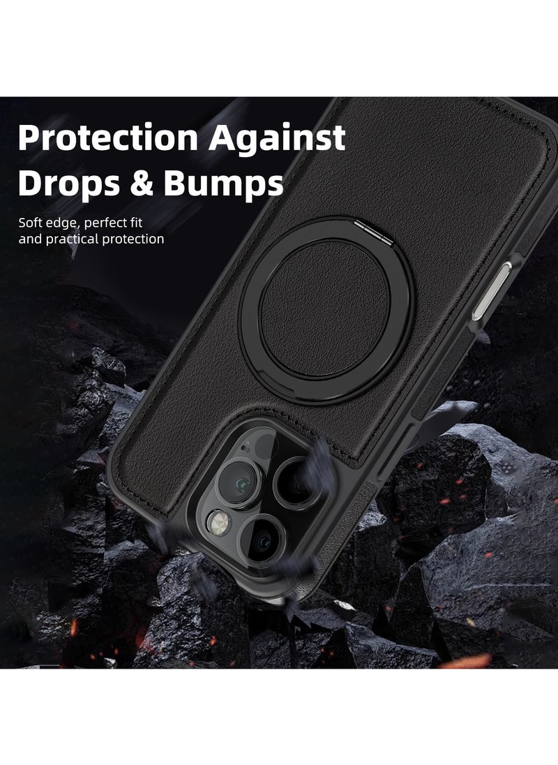 ICARLUS For iPhone 16 Pro PU Leather+PC+TPU Phone Cover Ring Kickstand Magnetic Phone Case - Black  - Image 3