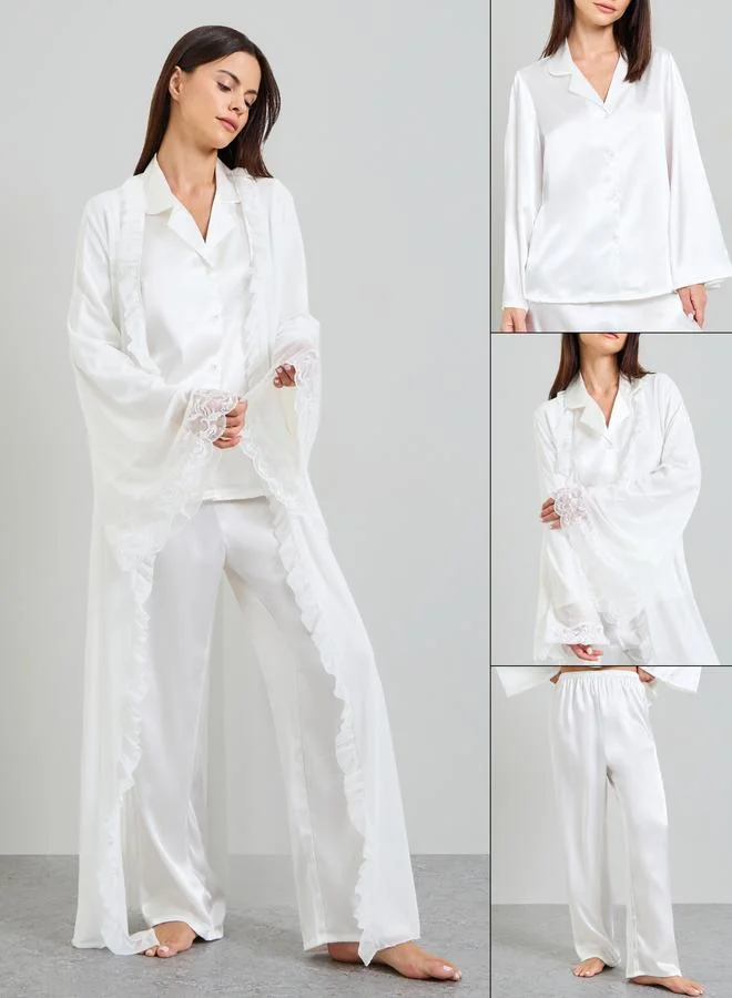 Take Two Pack of 3 - White Satin with lace Details Robe, Shirt and Pants Pajama Set