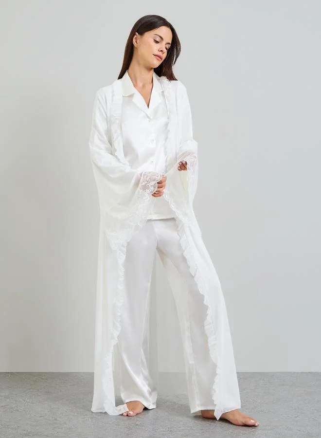Take Two Pack of 3 - White Satin with lace Details Robe, Shirt and Pants Pajama Set