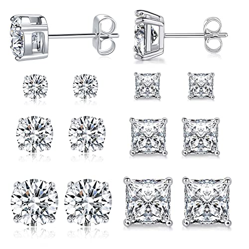 MDFUN 6 Pairs Earrings Set for Men 316L Stainless Steel 3/5/7mm CZ Round and Princess Square Ear Piercing Studs Hypoallergenic Jewelry (white) - Image 1