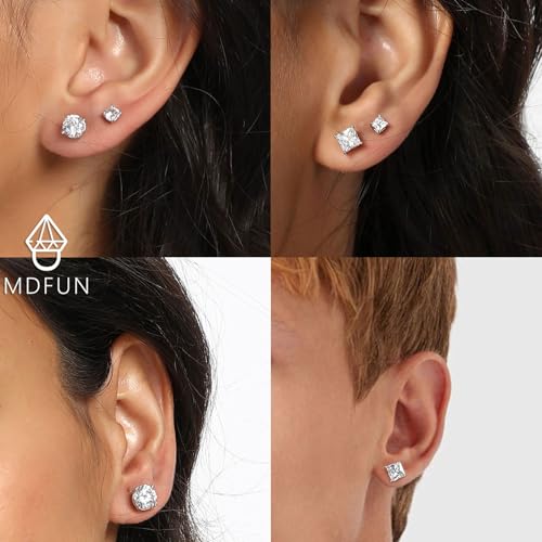 MDFUN 6 Pairs Earrings Set for Men 316L Stainless Steel 3/5/7mm CZ Round and Princess Square Ear Piercing Studs Hypoallergenic Jewelry (white) - Image 2