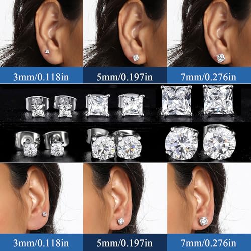 MDFUN 6 Pairs Earrings Set for Men 316L Stainless Steel 3/5/7mm CZ Round and Princess Square Ear Piercing Studs Hypoallergenic Jewelry (white) - Image 5