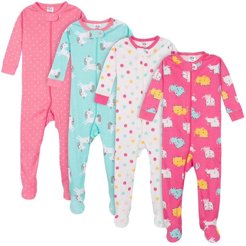 Gerber Baby Girls 4-Pack Footed Pajamas, Unicorns Cats Pink, 12 Months - Image 1