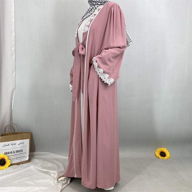Elegant Lace Trim Cardigan Long Pocket Robe Border Fashion Modest Dress - Image 5