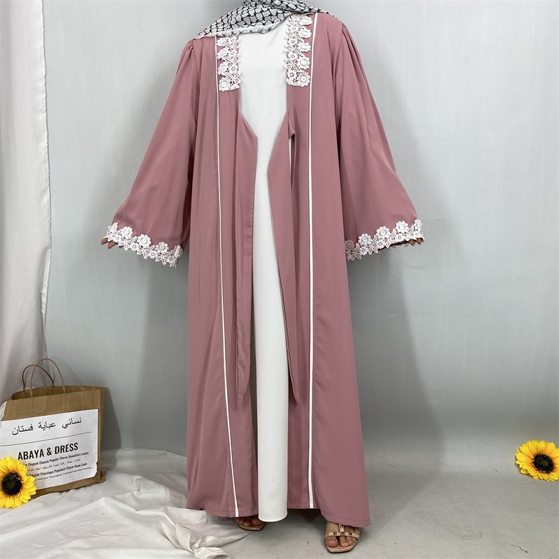 Elegant Lace Trim Cardigan Long Pocket Robe Border Fashion Modest Dress - Image 3