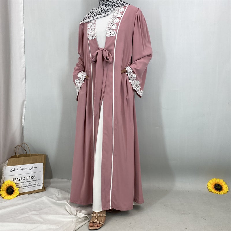 Elegant Lace Trim Cardigan Long Pocket Robe Border Fashion Modest Dress - Image 4