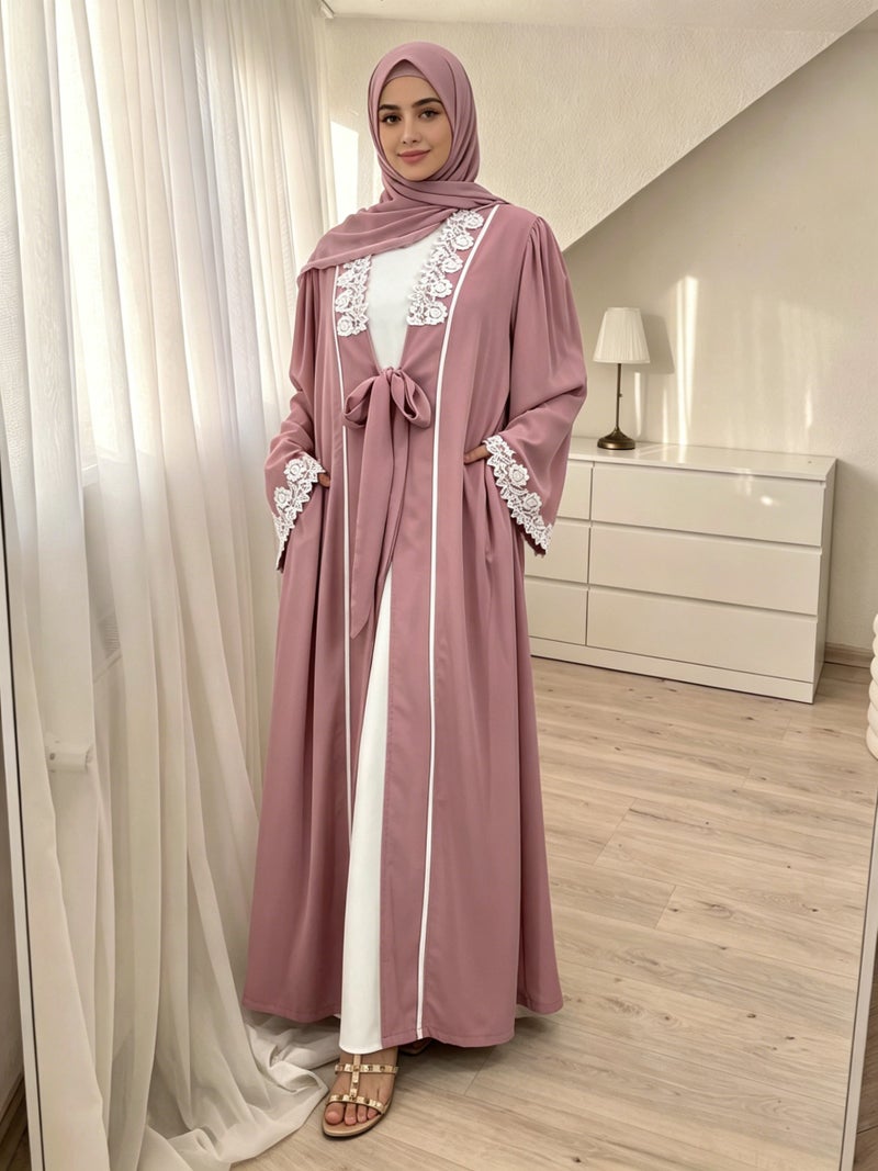 Elegant Lace Trim Cardigan Long Pocket Robe Border Fashion Modest Dress - Image 1