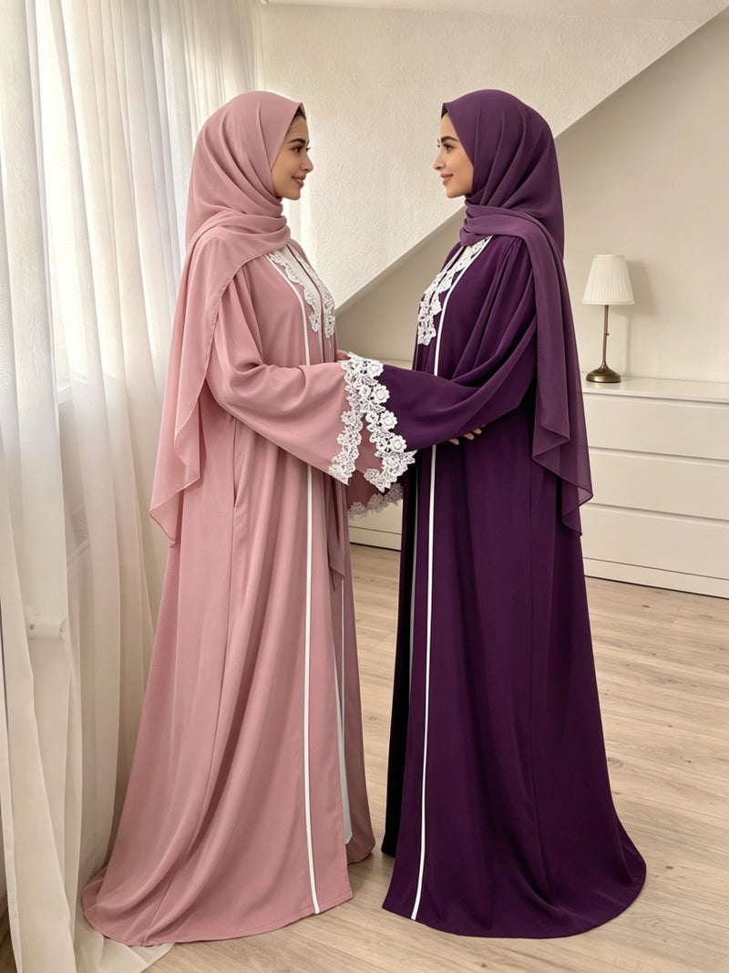 Elegant Lace Trim Cardigan Long Pocket Robe Border Fashion Modest Dress - Image 2