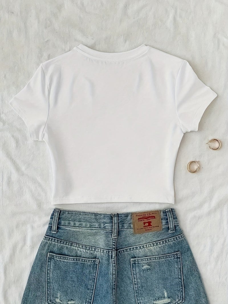 Solid Color Short Printed Short - Sleeved T - Shirt - White / XS - Image 2