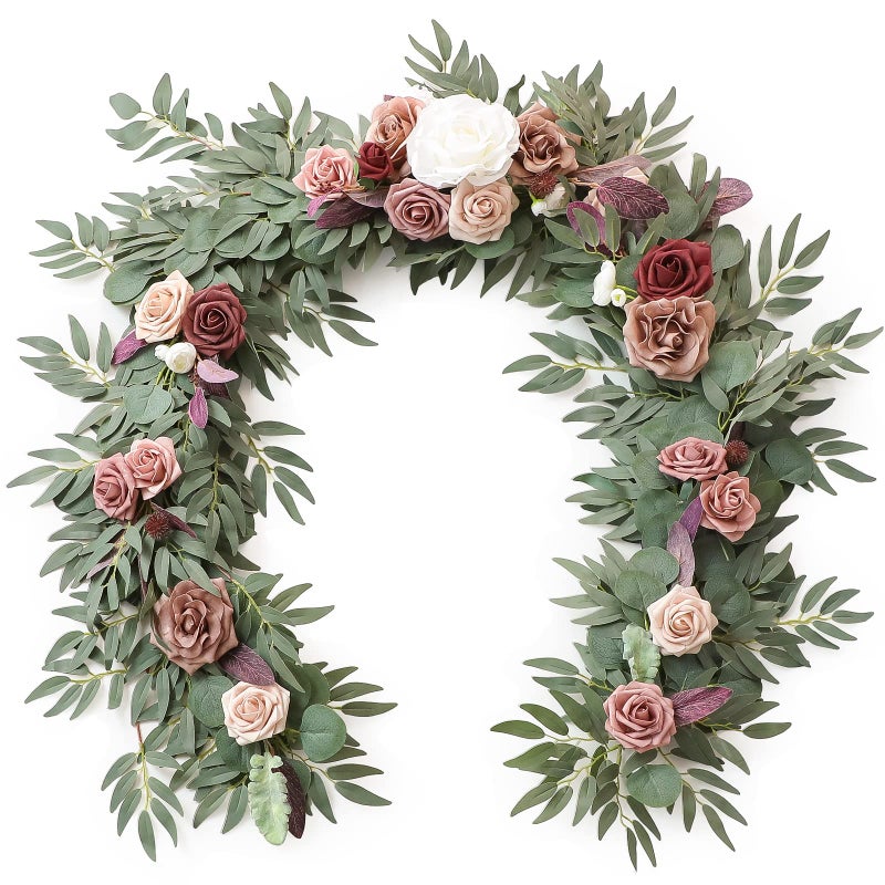 Floroom 6ft Artificial Eucalyptus Garland with Flowers Fake Greenery Faux Floral Vine Garland for Table Decor Wedding Centerpieces Bridal Shower Party Decorations Dusty Rose  Mauve