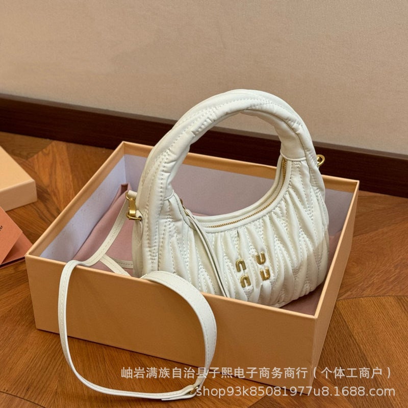Fashion All-Match Fresh Sweet Style Pleated Soft Hand-Held Underarm Shoulder Crossbody Crescent Hobo Bag - Image 2