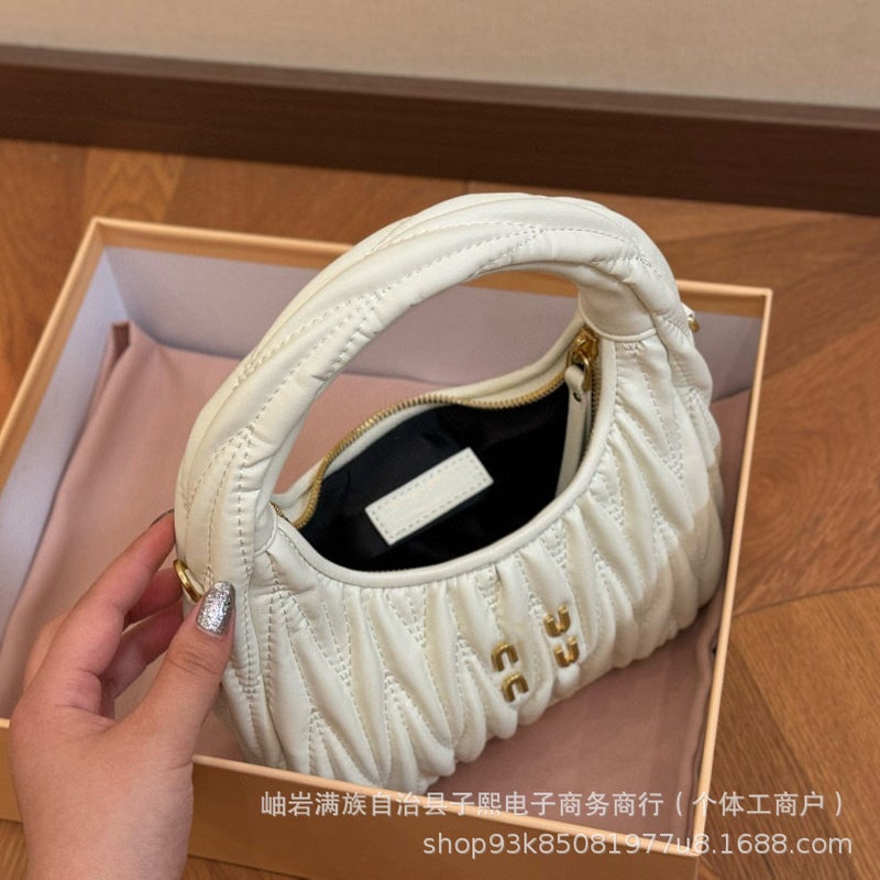Fashion All-Match Fresh Sweet Style Pleated Soft Hand-Held Underarm Shoulder Crossbody Crescent Hobo Bag - Image 5