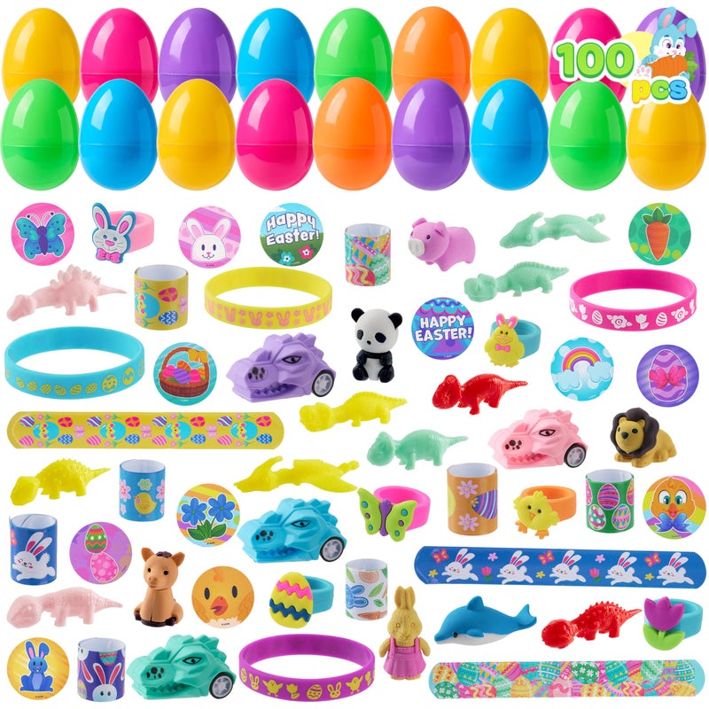 JOYIN 100 Pcs Prefilled Easter Eggs With Assorted Toys Plus Stickers Inside, Stuffed Eggs with Diverse toys for Easter Egg Hunt, Kids Basket Stuffers Fillers, Party Favors, Classroom Prize Supplies - Image 1