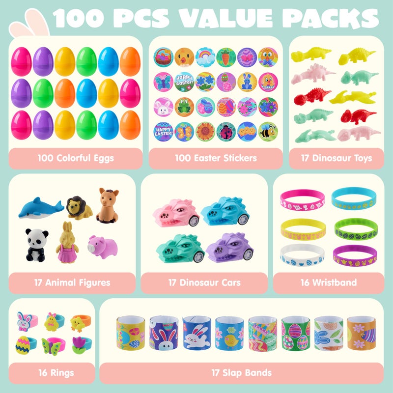 JOYIN 100 Pcs Prefilled Easter Eggs With Assorted Toys Plus Stickers Inside, Stuffed Eggs with Diverse toys for Easter Egg Hunt, Kids Basket Stuffers Fillers, Party Favors, Classroom Prize Supplies - Image 2