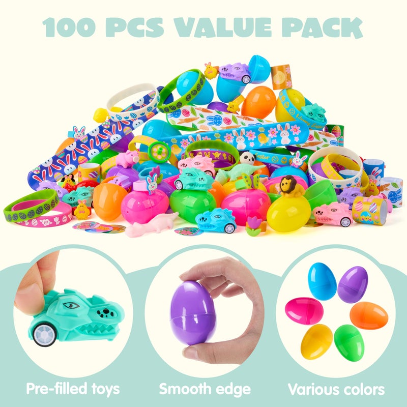 JOYIN 100 Pcs Prefilled Easter Eggs With Assorted Toys Plus Stickers Inside, Stuffed Eggs with Diverse toys for Easter Egg Hunt, Kids Basket Stuffers Fillers, Party Favors, Classroom Prize Supplies - Image 3