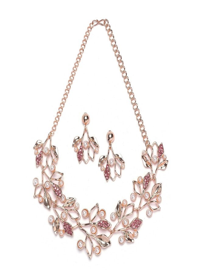 KENNICE Rose Gold-Plated Cubic Zirconia & White Pearls Studded Necklace With Earrings Jewellery Set For Girls and Women - Image 2