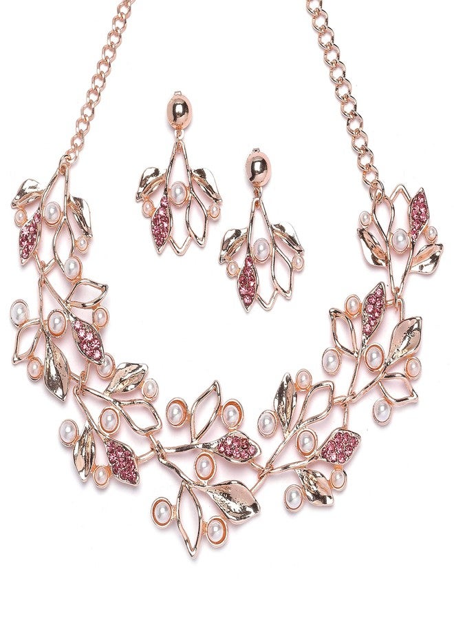 KENNICE Rose Gold-Plated Cubic Zirconia & White Pearls Studded Necklace With Earrings Jewellery Set For Girls and Women - Image 1