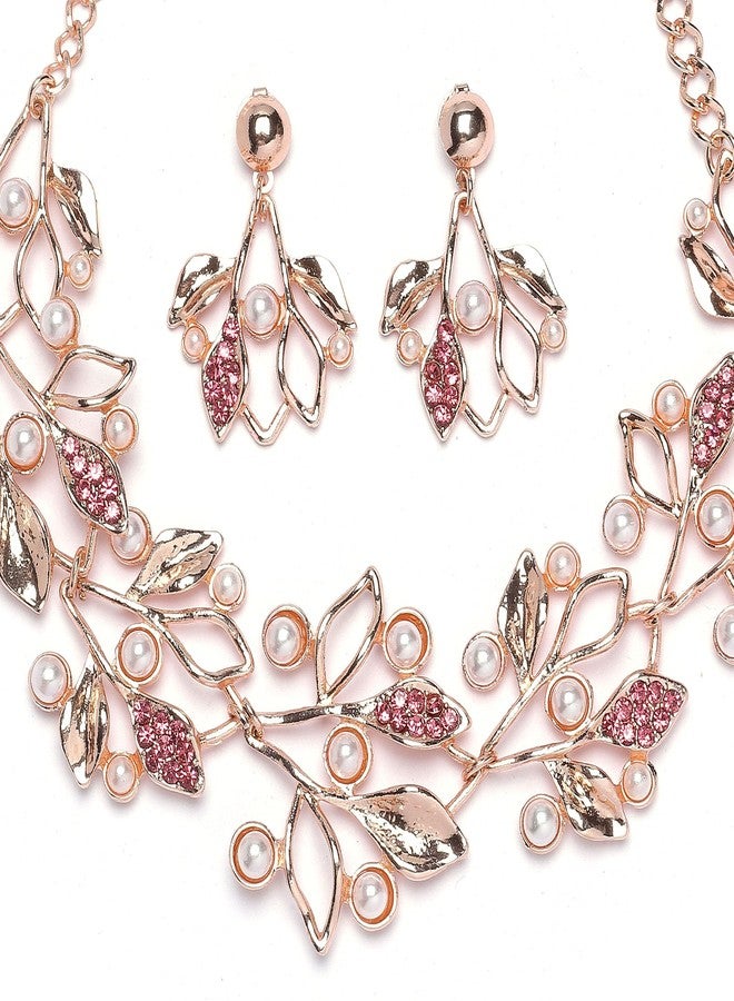 KENNICE Rose Gold-Plated Cubic Zirconia & White Pearls Studded Necklace With Earrings Jewellery Set For Girls and Women - Image 3